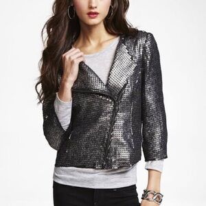 Express Gunmetal Sequin Moto Jacket, sz M